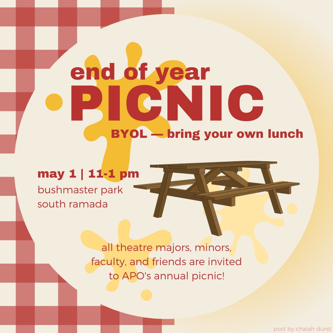 BetaNuAPO's tweet photo. We are bringing back our annual PICNIC! 🥪🍕🍌
All theatre majors, minors, faculty, and friends are invited! Please BYOL (bring your own lunch). 🍎 
Banquet will occur on the same day in evening! 
Let’s celebrate the end of the school year together. ⭐️

May 1st, 11-1 PM https://t.co/h342kXww7M