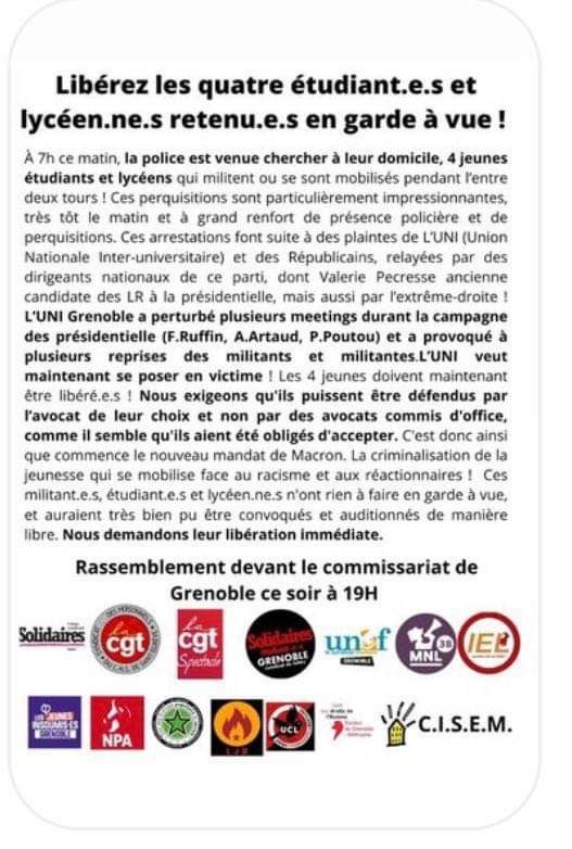 🚨 Des antifas agressent des militants de l'UNI. Ils frappent une jeune fille. La police fait son travail et interpelle 4 personnes. 

Et voilà que syndicats, partis politiques d'extrême gauche et associations se mobilisent pour soutenir les agresseurs. Normal !!   <a href="/unigrenoble/">UNI Grenoble</a>