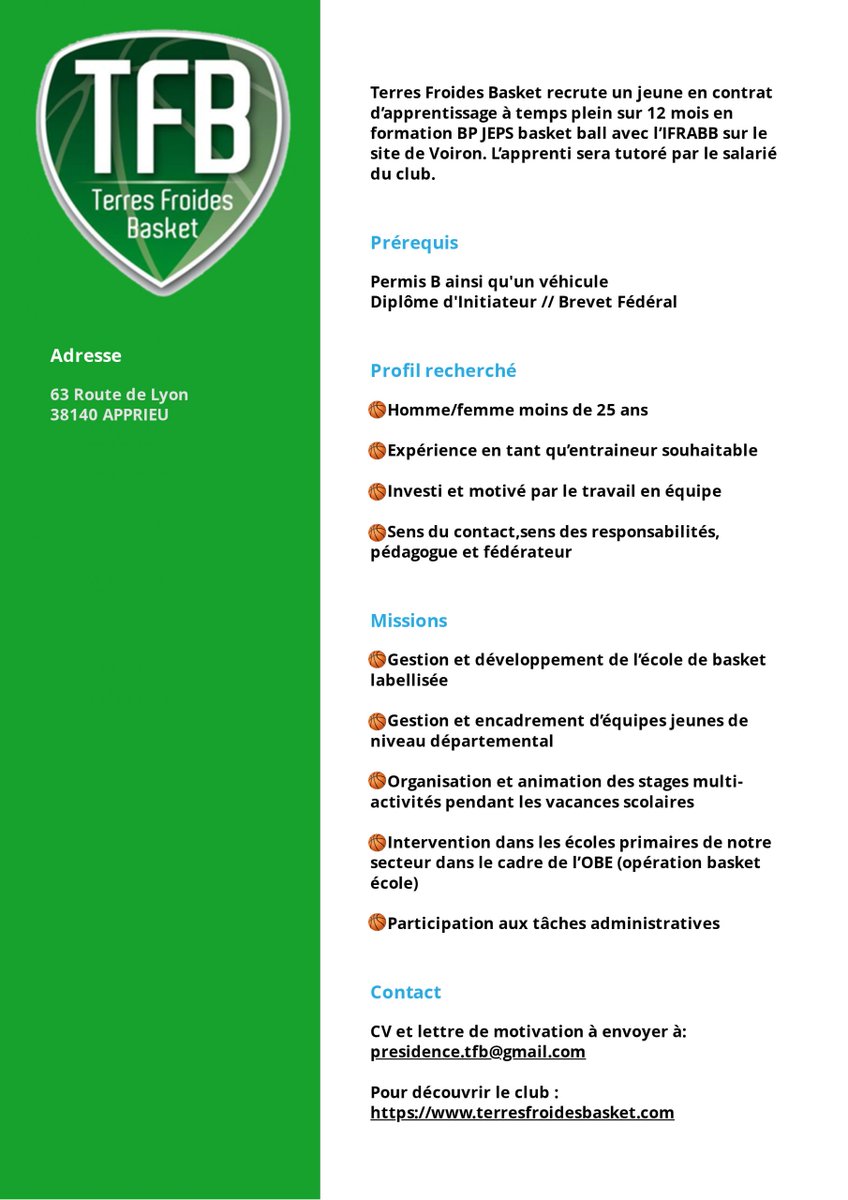 Offre d'emploi BP JEPS - 

Nous recrutons un contrat d’apprentissage BP JEPS ! Tu penses avoir les qualités requises ? Envoies nous ta candidature Tu connais quelqu’un que ça intéresse ? 
 - terresfroidesbasket.com/2022/04/26/off…