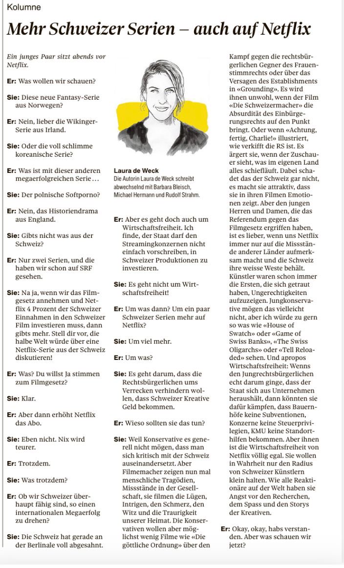 Laura bringt es auf den Punkt, warum ein paar neo-konservative und pseudo-liberale HSG Buben, in Allianz mit der rassistischen SVP, kreative FilmemacherInnen runtermachen wollen