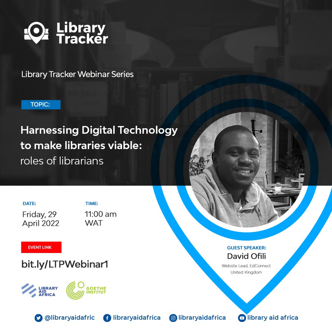 libraryaidafric's tweet photo. Join us on another #LibraryTracker Webinar Series as we discuss Harnessing Digital Technology to make libraries viable: roles of librarians.

Date: Friday, 29 April 2022
Time:  11am WAT

Register to attend via the link: https://t.co/JTNqFAHCZJ https://t.co/CWIoxHCOS2