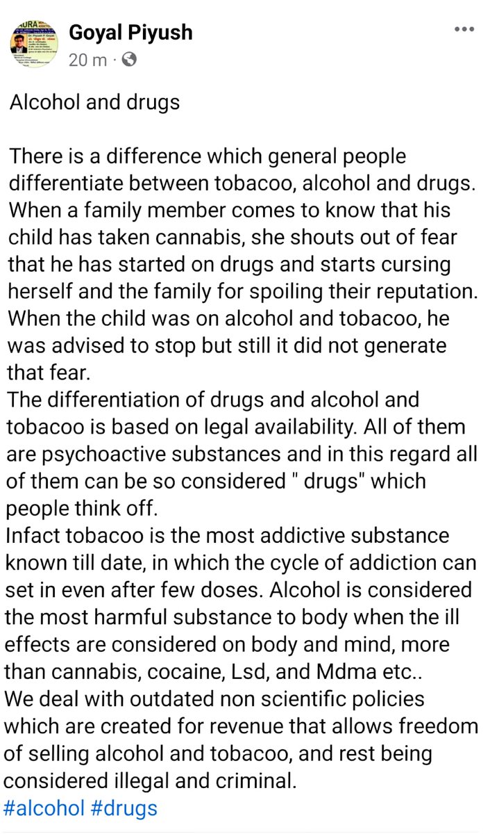 Some basic awareness on alcohol, tobacoo and so called drugs.
<a href="/askdheeraj/">Dr Dheeraj K, MD, DM, 🇮🇳</a> <a href="/TarwaniJatin/">Jatin Tarwani</a> <a href="/atulambekar/">Atul Ambekar</a> <a href="/DrHarish139/">Harish Shetty :</a>