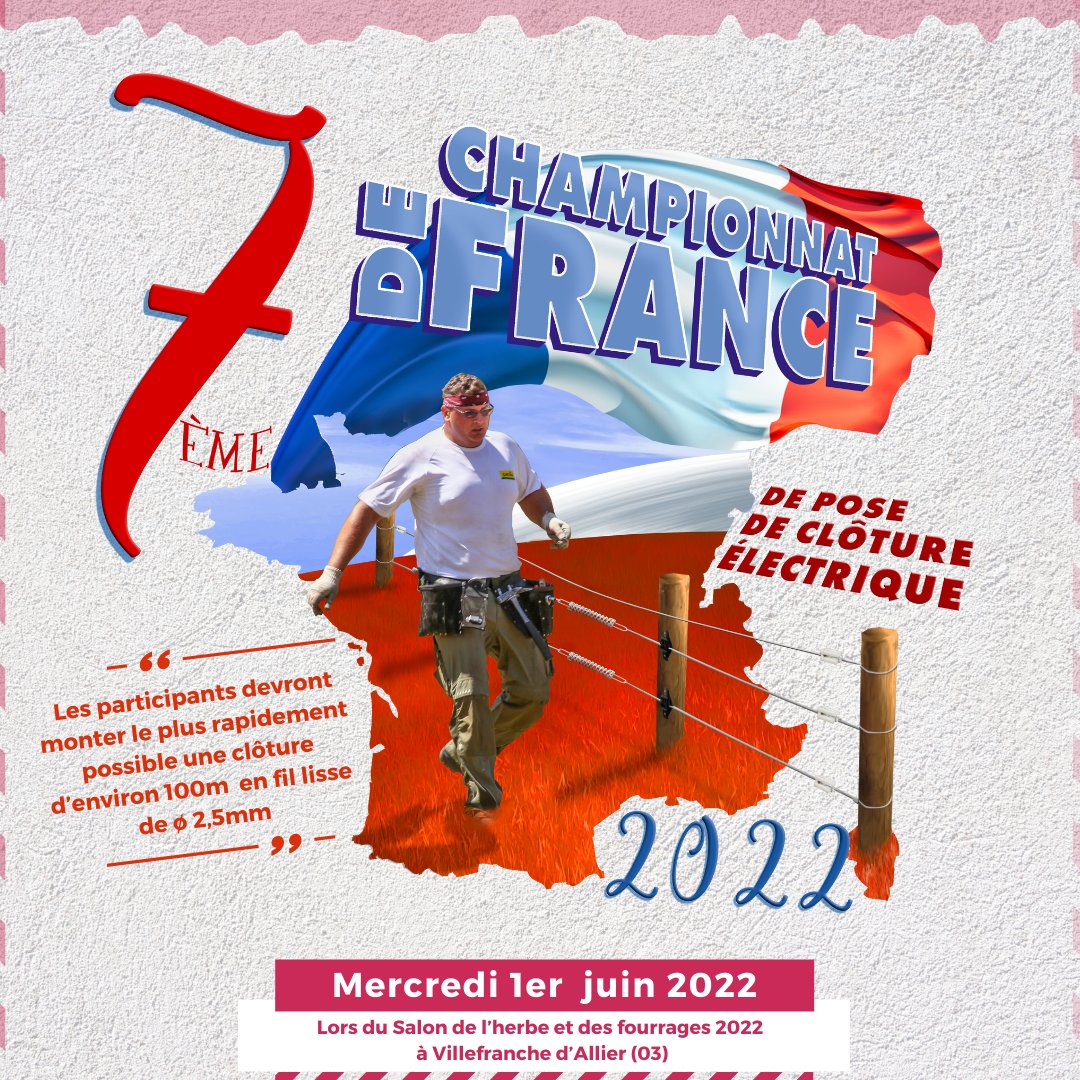 Assistez à la 7ème édition du championnat de France de pose de clôture électrique organisée par PATURA KG lors du Salon de l'herbe et des fourrages 2022 !
📆 Mercredi 1er juin 2022 à partir de 13h
📍 Villefranche d’Allier (03).
Réservez vos billets 👉inscription.profieldevents.com/SH/