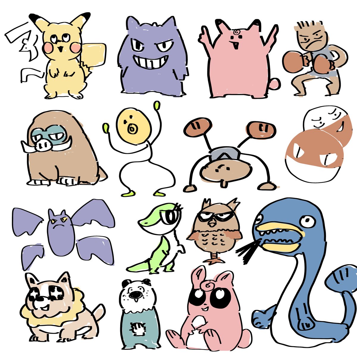 言われたやつ見ないで描いてたら爆笑された。お気に入りはピッピ。 