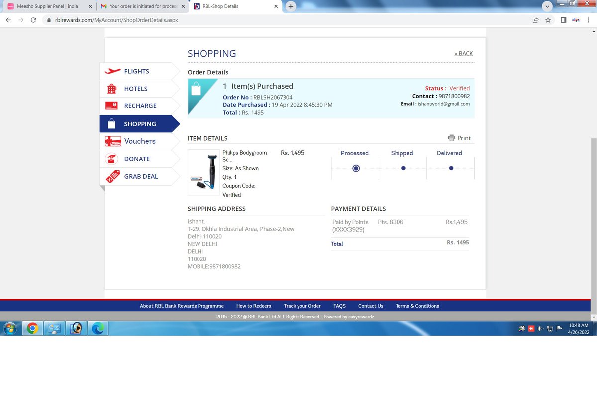ishantworld's tweet photo. @rblbank @RBLBankCares I redeem my credit cards points to order from rblrewards but order not processing after 7-8 days, can u track my order as I posted screenshot for details https://t.co/TvRsR64lnU