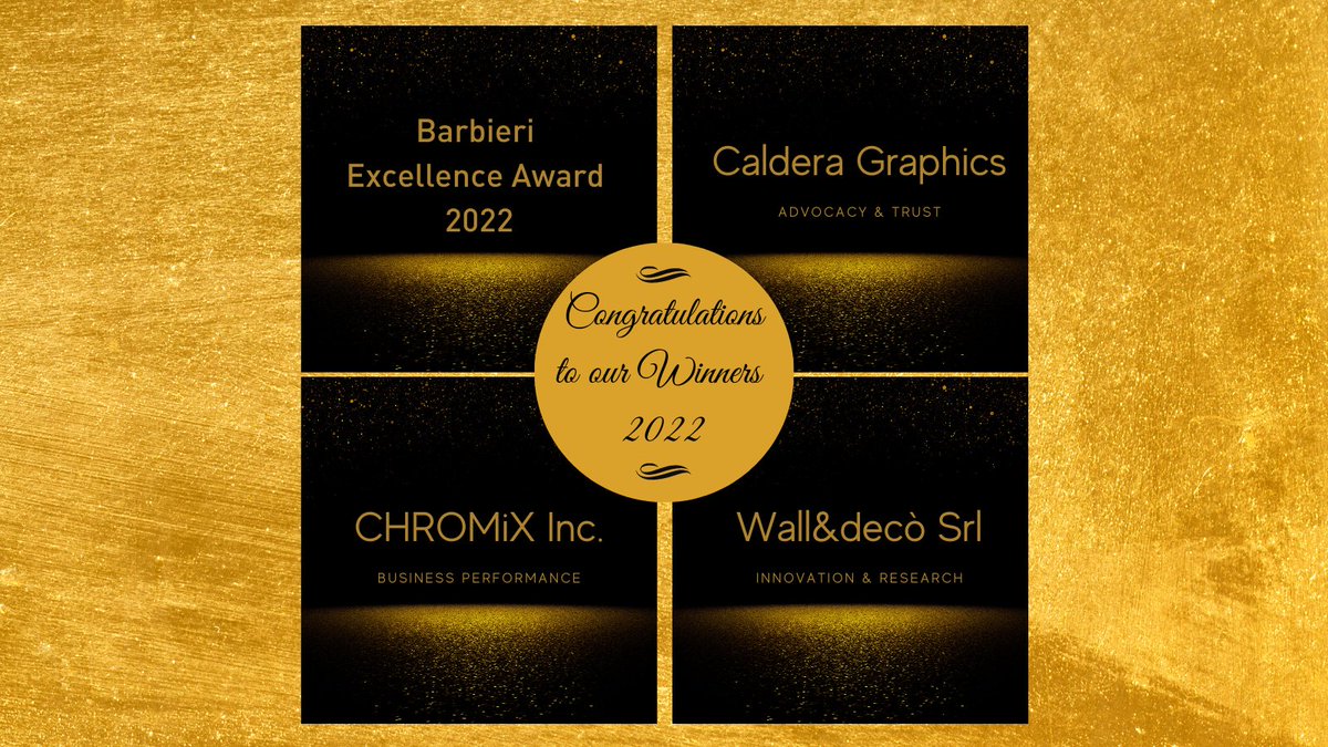 BarbieriSpectro's tweet photo. #BarbieriExcellenceAward2022 – WINNERS!

          WINNER Business Performance: CHROMix Inc.
          WINNER Innovation &amp; Research: Wall&amp;decò S.r.l.
          WINNER Advocacy &amp; Trust: @CalderaRIP 

#Congratulations to all of you. Learn more: https://t.co/1DJugCltkB https://t.co/Kmzpc8qcZz
