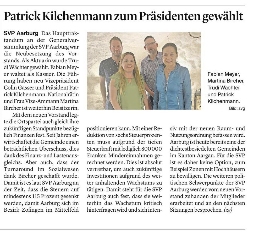 die SVP Aarburg erneuerte ihren Vorstand