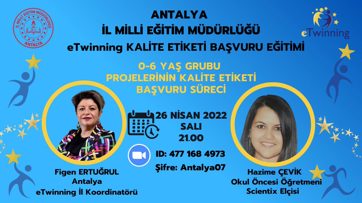🔊eTwinning Kalite Etiketi Başvuru Eğitimleri  Başlıyor.
Ayrıntılar
👇
<a href="/emre_caliskan/">Emre Çalışkan</a> 
<a href="/AntalyaValilik/">T.C. Antalya Valiliği</a> 
<a href="/tcmeb/">Millî Eğitim Bakanlığı</a>