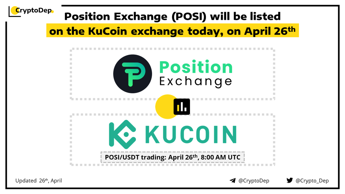 Crypto_Dep's tweet photo. ⚡️ @PositionEx $POSI will be listed on the @Kucoincom exchange today, on April 26th  

Trading for POSI/USDT trading pair will be live on #KuCoin, on Apr 26th, at 8:00 AM UTC. Deposits are now open &amp; withdrawals will open on Apr 27th, at 10:00 AM UTC

👉https://t.co/hmB4ZSejSd https://t.co/QRIEnuGkCb