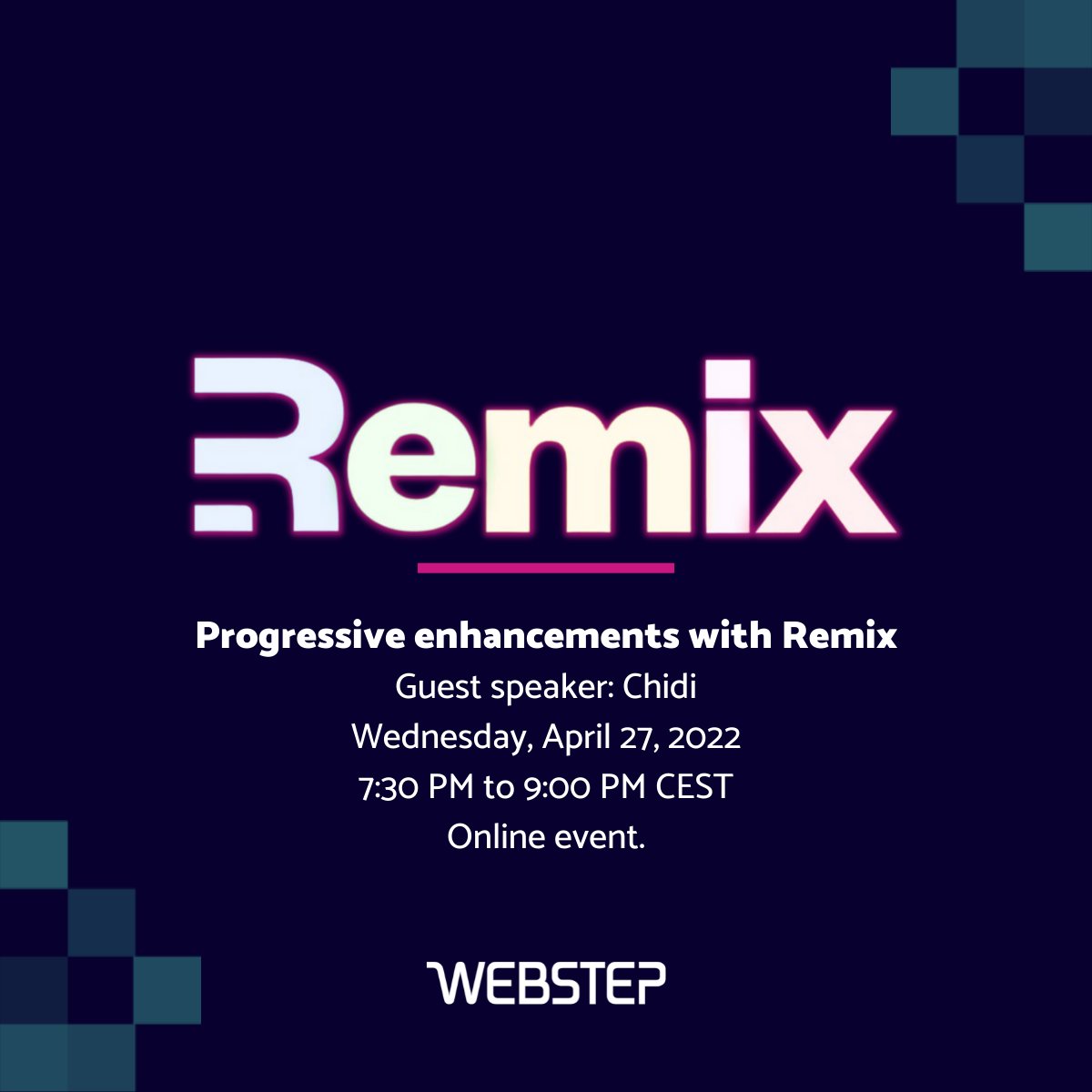 WebstepSE's tweet image. Join us online and explore more in the world of Remix this Wednesday. Webstep is teaming up with Remix Uppsala joined by guest speaker Chidi. Don’t miss out!

Grab your digital seat here (it’s free): 
bit.ly/38i44sf

#remix #remixrun #webstepab