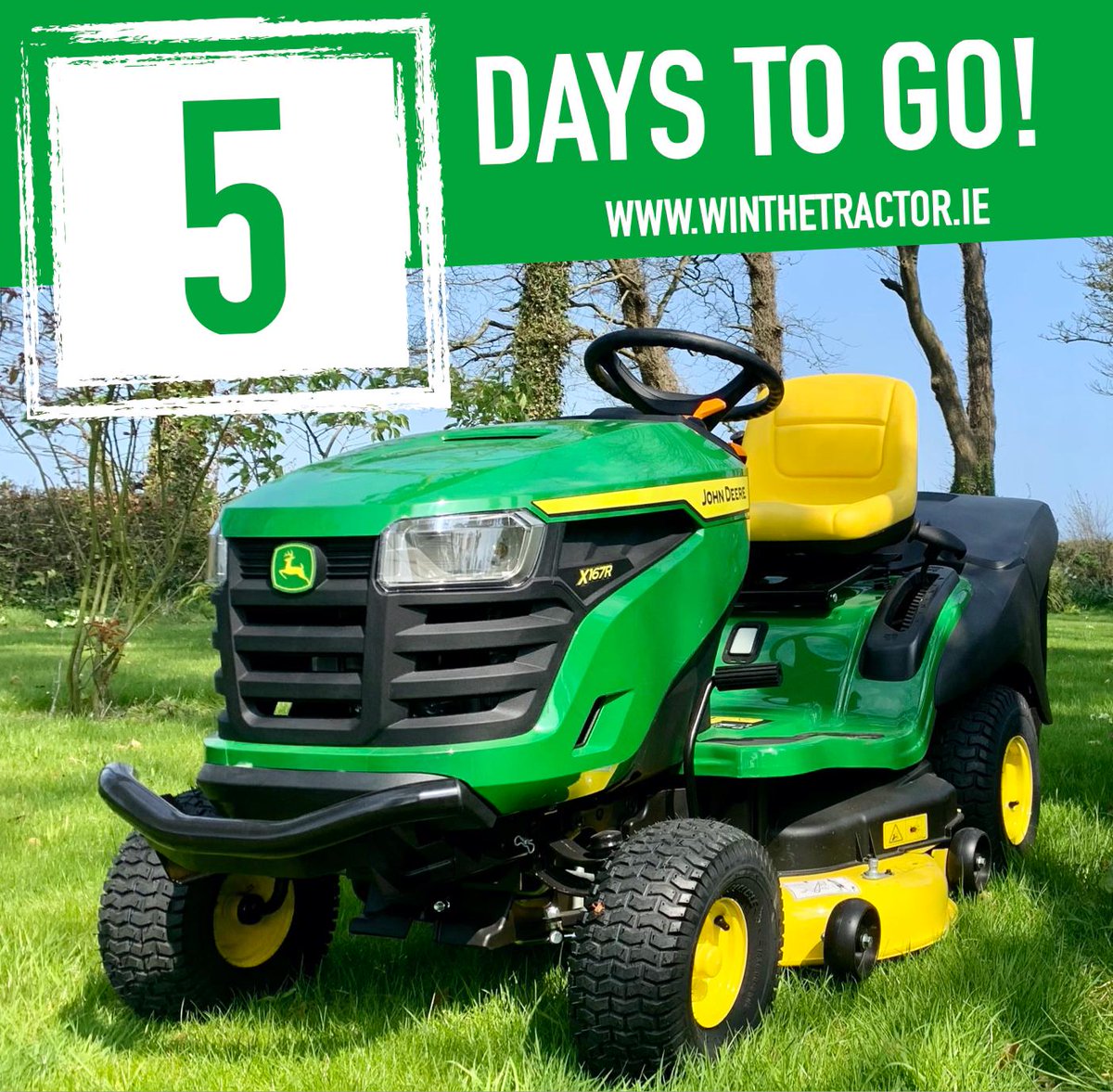 💚💛 5 DAYS TO GO 💚💛

Only 5 days remaining on our John Deere X167R mower fundraising raffle.
⚠️Tickets @ €14.95 each⚠️
Click on below link to get your tickets
idonate.ie/raffle/winthem…

<a href="/SouthEastRadio/">South East Radio</a> <a href="/alancwex/">Alan Corcoran</a> <a href="/Wexford_People/">Wexford People</a> <a href="/byrne_padraig/">Pádraig Byrne</a>