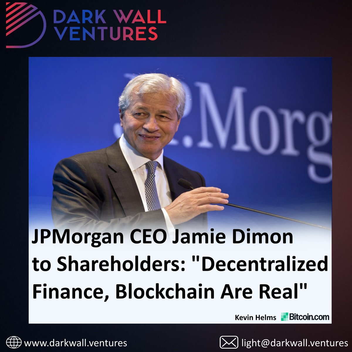 "JPMorgan Chase CEO Jamie Dimon sees decentralized finance (defi) and blockchain as real, new technologies that can be deployed in both private and public fashion." >> ow.ly/3apx50IM8As << #blockchain #defi #fintech #finance #blockchainnews #DarkWallVentures