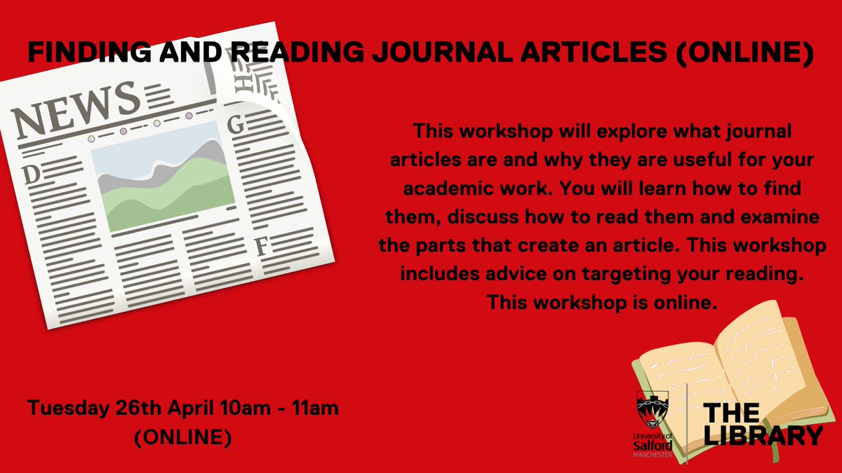 UPCOMING WORKSHOP!!! 🏗️
Need help sourcing journal articles and accurately utilising their data? Book onto our online workshop taking place 10am - 11am today via the link below... ⬇️
salford.ac.uk/skills/worksho…