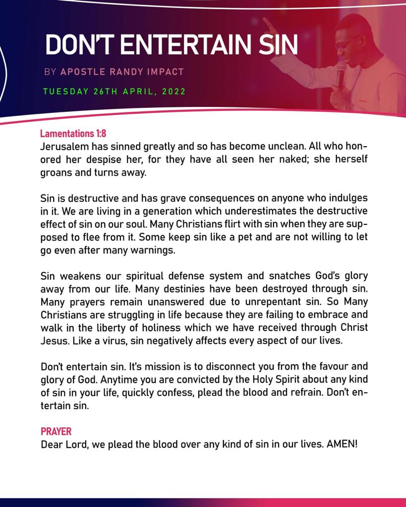 Sin negatively affects every area of our lives. Don’t entertain it. Amen.

#dailydevo
#dailyword 
#dailydevotional 
#salvation 
#soulfood