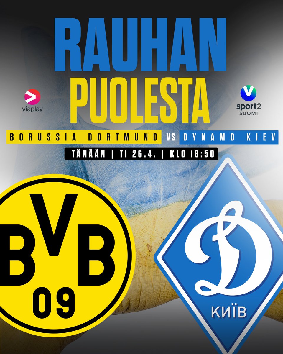 Borussia Dortmund ja Kiovan Dynamo kohtaavat tänään hyvällä asialla! ⚽️💙💛

Hyväntekeväisyysottelu jossa kerätään varoja Ukrainan hyväksi alkaa klo 18:50.

📺 Elisa Viihde Viaplay &amp; V sport 2
🎙 Mikko Innanen

#StandWithUkraine 🇺🇦