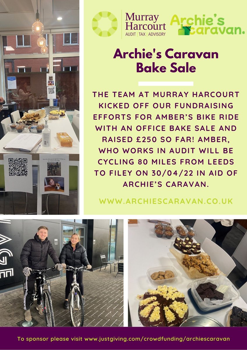 The team kicked off our fundraising efforts with an office bake sale and raised £250 so far! 

Amber, who works in Audit will be cycling 80 miles from Leeds to Filey on 30/04/2022 in aid of Archie's Caravan. 

archiescaravan.co.uk 

To sponsor visit lnkd.in/duzEe9SZ