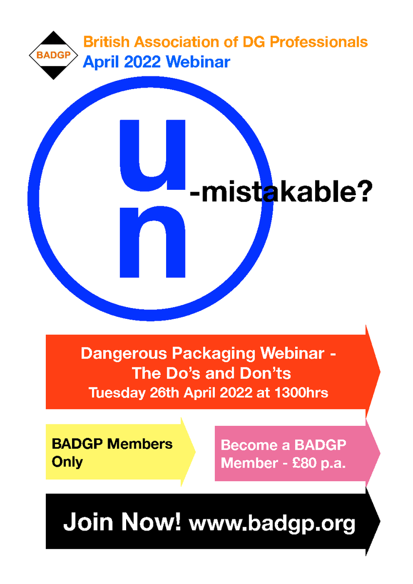 badgp_dgsa's tweet photo. BADGP Webinar: Dangerous Goods Packaging - Do's, Don'ts And Maybe's, Tuesday 26 April 2022, 13:00 BST.
For more information and to register please visit: https://t.co/IS7SYZNJP4
#packaging #dangerousgoods #badgp https://t.co/K8r7dnbEFI