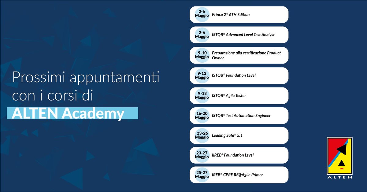 Conosci #ALTENAcademy?

È la divisione di #ALTEN che progetta ed eroga corsi di formazione specialistica per i propri clienti e dipendenti.

Scopri qui alcuni dei prossimi appuntamenti!

Per ulteriori informazioni visita ➡️alten.it/alten-academy/.