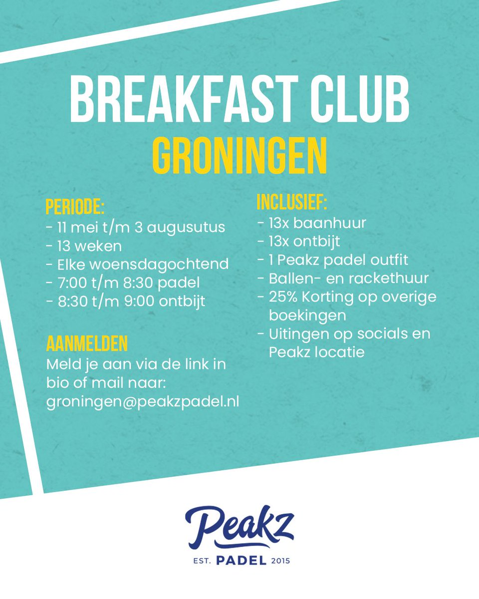 Dé Breakfast Club, daar wil je bij zijn! 13 weken lang, iedere woensdagochtend, van 07.00 tot 08.30 padellen en aansluitend een ontbijt met andere bedrijven uit de regio. Je bent nog nooit zo fris je dag gestart. Meld je aan via onze website! #breakfast #padel #bedrijven