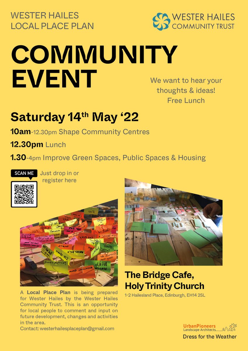 We want to hear your thoughts &amp; ideas on #community #centres #hubs, #greenspaces, #publicspaces &amp; #housing Come along to our #communityevent #workshop Saturday 14th May #westerhailes #localplaceplan #communitydesign