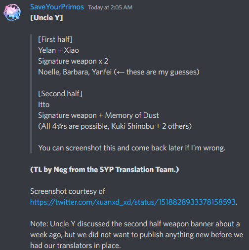 SaveYourPrimos's tweet photo. [Reliable - Uncle Y] First half: Yelan + Xiao; signature weapons. Second half: Itto + Shinobu (4✰); Redhorn + Memory of Dust.

Track record:

SYP Leaks Archive, [舅-y] Channel: https://t.co/Gb5WM5xTwZ

WFP Uncle Dictionary: https://t.co/Ey6rFvh5VX https://t.co/ScfMP3jpqA