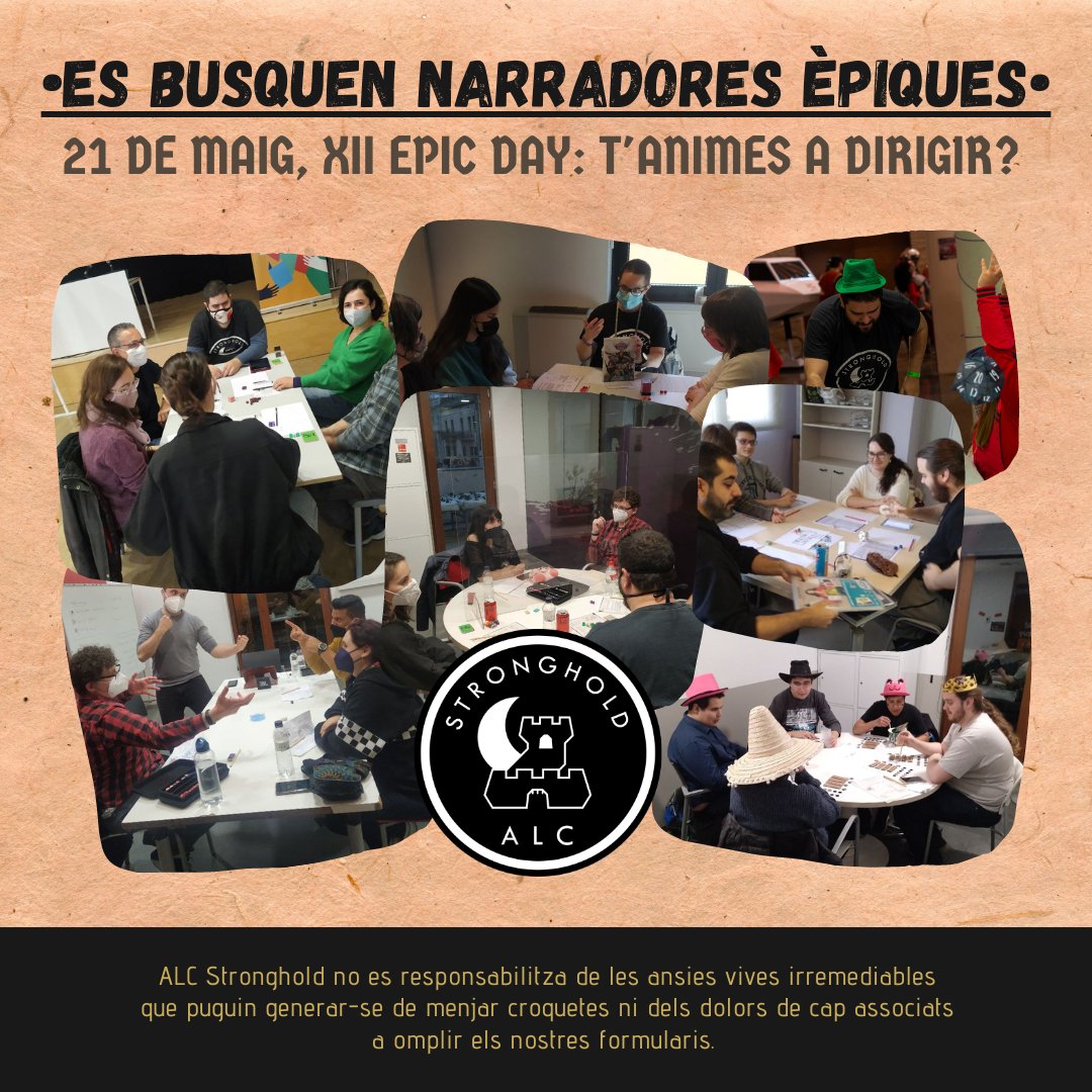 ALC_Stronghold's tweet photo. El 21 DE MAIG al @EJGarcilaso ens retrobem de nou amb la nostra #jornadaderol #XIIEpicDay! 🥳
Estem buscant narradores, t'hi animes? Entre totes les que vingueu a dirigir, sortejarem un #manualderol!
Info per a masters 🧵⬇️
Info general de la jornada: https://t.co/XXwABPmWm7 https://t.co/jQp3xWyzgi