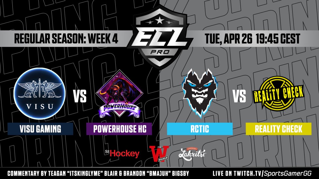 Coming at you with #ECL22Spring Pro action tonight!

🕗19:45 CEST
📺twitch.tv/SportsGamerGG
@visugamingeu vs <a href="/PowerhouseHC_/">Powerhouse HC</a> 
<a href="/RCTIC_NHL/">RCTIC NHL</a> vs <a href="/REC_EASHL/">Reality Check</a> 

Two weeks left of the regular season, now the push for playoffs truly begins!

#NHL22 #esports #MukanaWilhelm #kouvolanlakritsi
