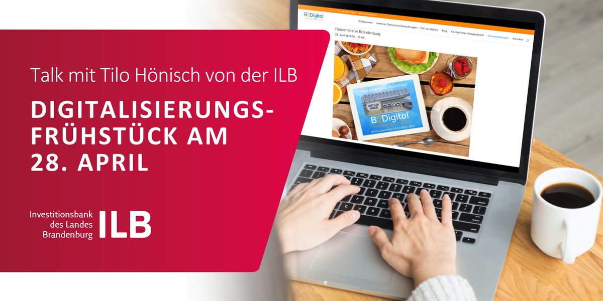 ilb_wirfoerdern's tweet photo. Am 28. April informiert #ILB-Förderberater Tilo Hönisch beim Digitalisierungsfrühstück von B2Digital über die Fördermittellandschaft in #Brandenburg und #BIGDigital. Schnell anmelden und am Donnerstag gemeinsam netzwerken: ➡️ https://t.co/sYzJIN0Gcn

#wirfördern #Digitalisierung https://t.co/6H65XGnGrC