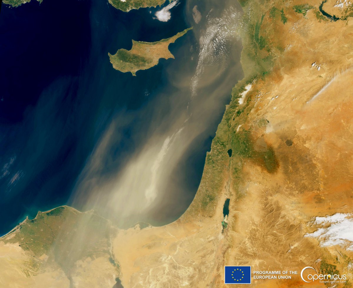 CopernicusEU's tweet photo. Sand, sand and more sand 😷

Yesterday, 25 April, a massive #SaharanDust cloud swept across the eastern Mediterranean Sea, engulfing the skies over  #Lebanon, #Turkey, #Egypt, #Cyprus and #Syria

#Copernicus #Sentinel3 🇪🇺🛰️ image acquired on the same day https://t.co/IoJTCDfeDA