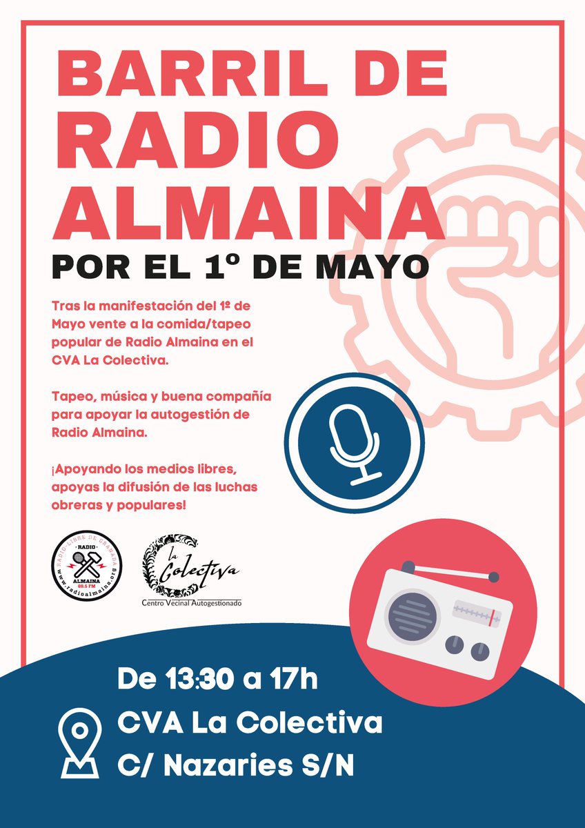 ⚠️ Atención Granada ⚠️

Este #1deMayo , después de las movilizaciones, Radio Almaina organiza un Barril Solidario en La Colectiva para servir de punto de encuentro al movimiento obrero granadino.

Habrá comida a precios populares.
Te esperamos ✊.