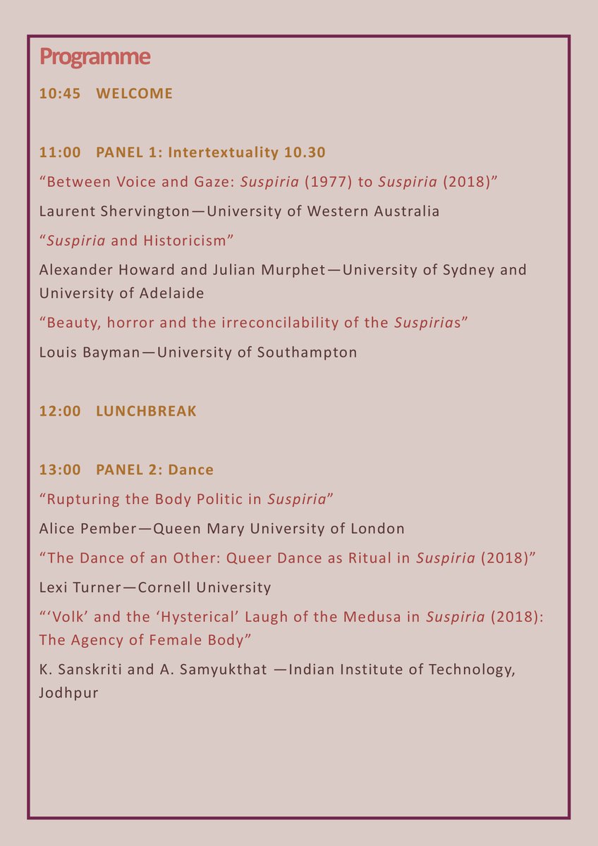alpember's tweet photo. As part of our dance & horror panel, I'll be presenting my work on dance as an aesthetic critique of fascism in Guadagnino's Suspiria, with a paper entitled: 'Rupturing the Body Politic in Suspiria'. Deatils on full panel below! #dancehorror #suspiriassymposium @QMULFilmEthics https://t.co/uaOOSxC0AQ