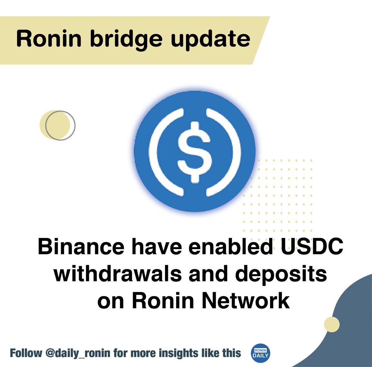 jungz_daily's tweet photo. BREAKING:
Binance has enabled USDC withdrawals and deposits on Ronin Network despite after ronin security breach

Seems binance still believes in ronin, how about you? https://t.co/23ianj7OJY