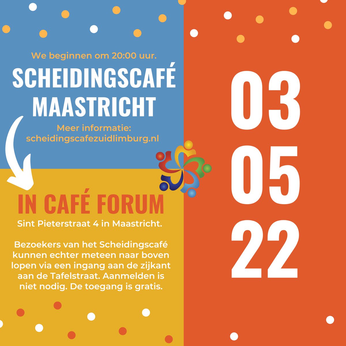 ScheidingscafZL's tweet photo. ❓Ben jij of ken jij iemand die met #scheiding te maken heeft (gehad) en interesse heeft in laagdrempelige bijeenkomsten met anderen over dit onderwerp? Ja? Dan ben je van harte welkom bij het Scheidingscafé op 3 mei in #Maastricht. RT = top! #echtscheiding Gratis toegang. https://t.co/Qb07QPrt5r