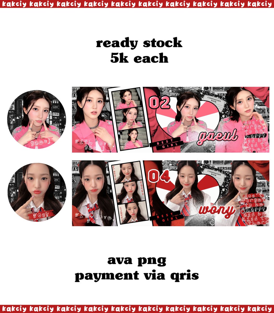 HELP RT?

ayo kak jajan layout ready stocknya, ada gaeul sama wony ive nih. 

price 5k each
ava png only
bisa qris

#zonauang