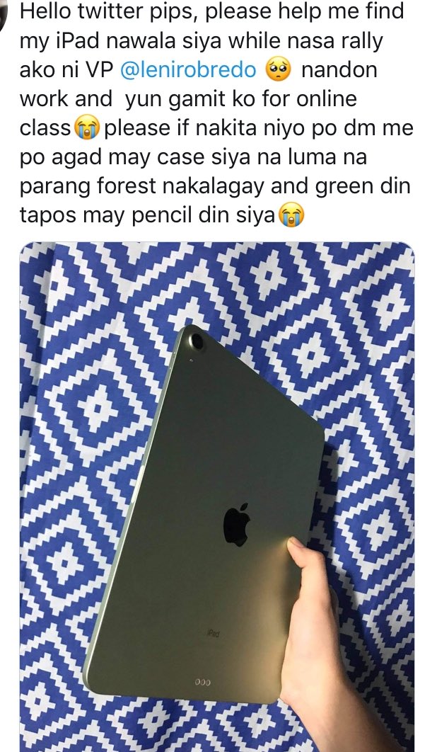DDgreatD's tweet photo. Hello po🥺 It's been 3 days since nawala yung iPad ko during #PasayRally and I'm hopeless na makuha ko pa siya kase kung willing maibalik yun sana po natawagan na ako or na surrender yun. Nakakahiya man po pero I'm here para po humingi ng tulong sa inyo, any amount will help po😭 https://t.co/3jAqH6DSeR