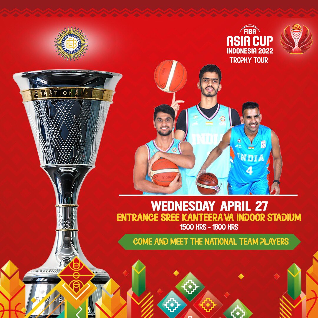 Calling all the basketball fans to come and join us in the First ever #FIBAAsiaCup Trophy Tour on 27th April 2022 at Sree Kanteerava Stadium, Bengaluru

🌟Meet the National Team Player 
🌟Check the #FIBAAsiaCup Trophy 
🌟Take Pictures &amp; tag <a href="/fibaasiacup/">FIBA Asia Cup</a> &amp; <a href="/BFI_basketball/">#IndiaBasketball</a>