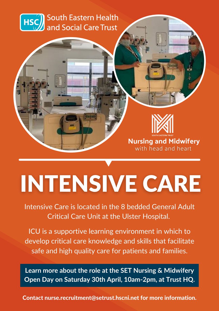 Are you interested in becoming a nurse within an Intensive Care Unit?

Talk to senior nurses and find out more at our Nursing &amp; Midwifery Open Day:
📆 Saturday 30 April, 10am-2pm
🏥 Trust HQ, Ulster Hospital

For more info contact:
📧 nurse.recruitment@setrust.hscni.net
