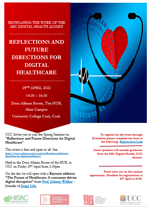 'Reflections And Future Directions For Digital Healthcare' in-person #DigitalHealth Seminar <a href="/HISRC_UCC/">HISRC UCC</a> <a href="/CUBSucc/">Cork University Business School (CUBS)</a> Fri 29th April in <a href="/UCC/">UCC Ireland</a> looking forward to seeing you there. <a href="/JingaJohnny/">Johnny Walker</a> <a href="/JingaLife/">Jinga Life</a> Register @ eventbrite.com/e/reflections-…