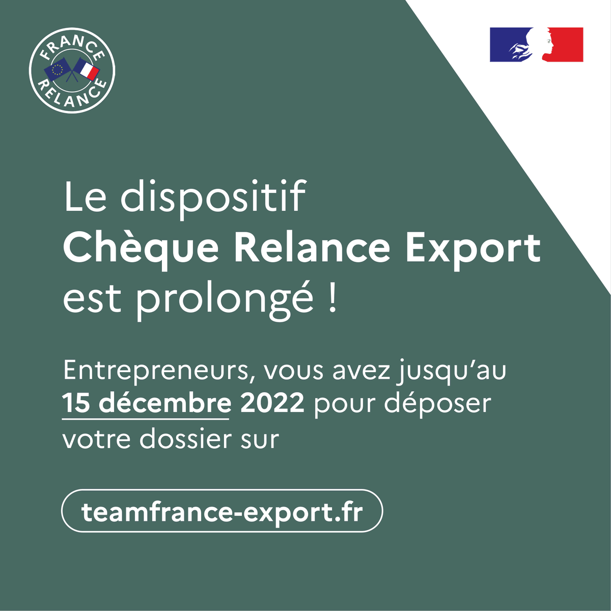🟢 Entrepreneurs, relancez-vous plus vite et plus fort avec l'export !

👉 Le Chèque Relance Export a été prolongé : déposez votre dossier avant le 15 décembre 2022 sur teamfrance-export.fr et bénéficiez jusqu'à 6 Chèques Relance Export !

#FranceRelance
#TeamFranceExport