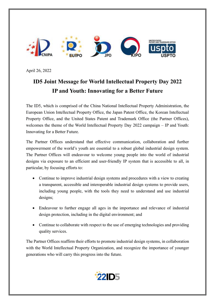 EU_IPO's tweet photo. 🇪🇺 The EUIPO
🇯🇵  Japan Patent Office
🇰🇷 Korean IP Office
🇺🇸 United States Patent &amp; Trademark Office
🇨🇳 China National IP Administration 

All reaffirm their efforts to promote trade mark systems in collaboration with @WIPO https://t.co/1pRsKcvOmZ #WorldIPDay https://t.co/nuSndc2kwo