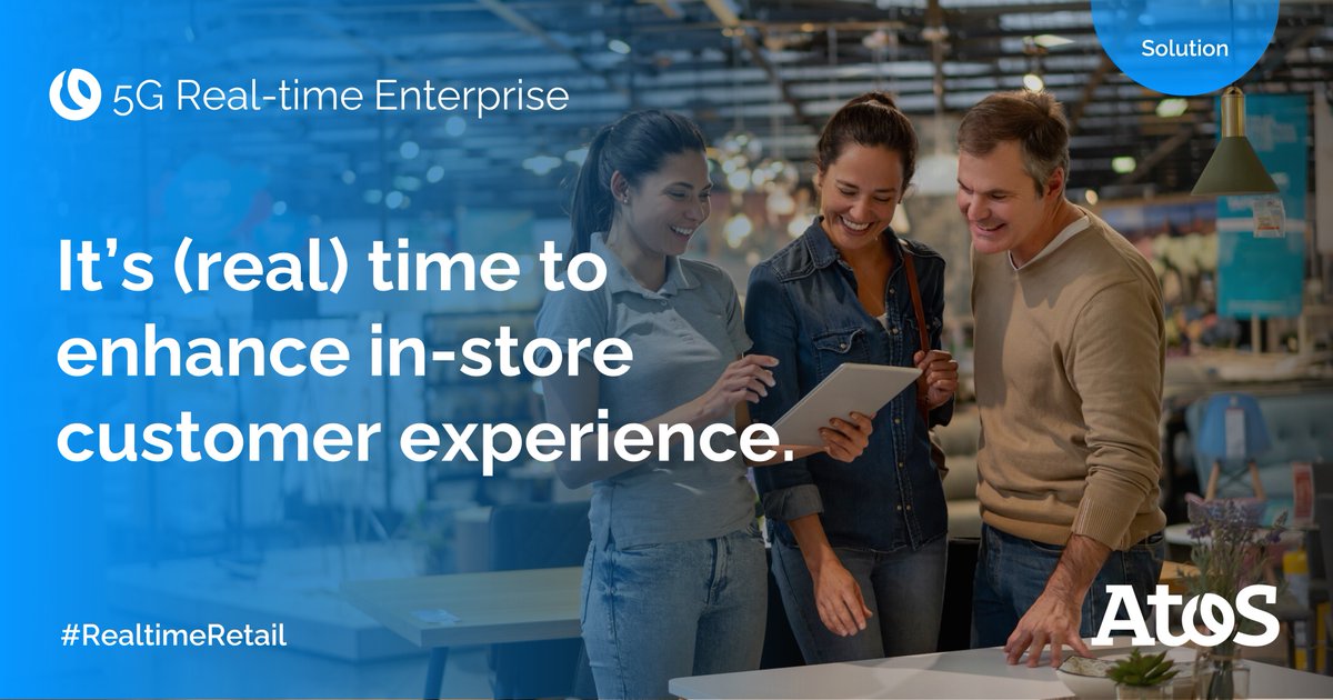AtosBelux's tweet photo. [#5GRealtimeEnterprise] 🛍️ Use case for #Retail
Enhanced in-store experience with #personalized pricing, promotions in-store, and customer journey #analytics, touchless and contactless checkouts, using #VR for product or brand information. How? Learn more: https://t.co/BNhZKCb1jH https://t.co/bmZNIYzaG3