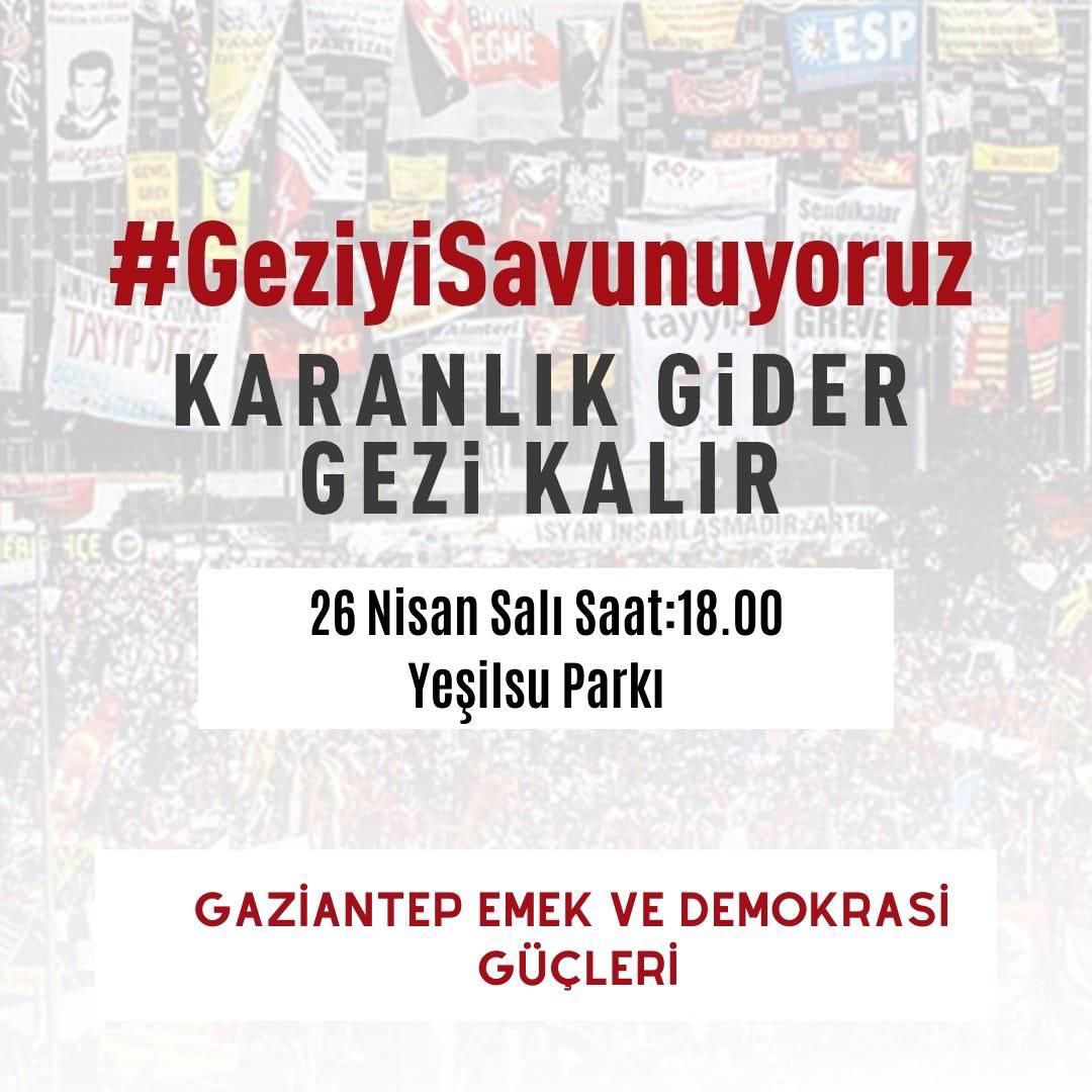 İşçi ve emekçilere, gençlere, kadınlara, ezilenlere, hakkını arayan herkese göz dağı vermek için verilen bu ceza bizleri korkutamaz, yıldıramaz! Hepimiz Gezi'deydik!
#GeziyiSavunuyoruz

🗓26 Nisan Salı
🕗18:00
📍Yeşilsu Parkı