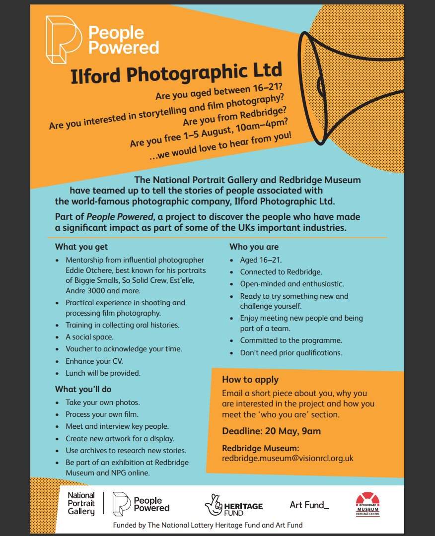 NPGYouth's tweet photo. 📣 Are you aged 16-21? Do you live in the London Borough of #Redbridge? Interested in storytelling and film photography? 📸

Take part in an exciting new project exploring the history of world-famous photographic company, Ilford Limited! https://t.co/nMxQo9uyLd