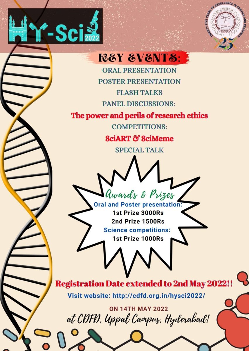 Seeing the enthusiastic response from everyone, we have extended the last date of registration to 2nd May 2022!

Catch up!

#hysci2022 #hyderabadevents #science #phd #cdfd #cdfdhyderabad #trending #scienceevents
