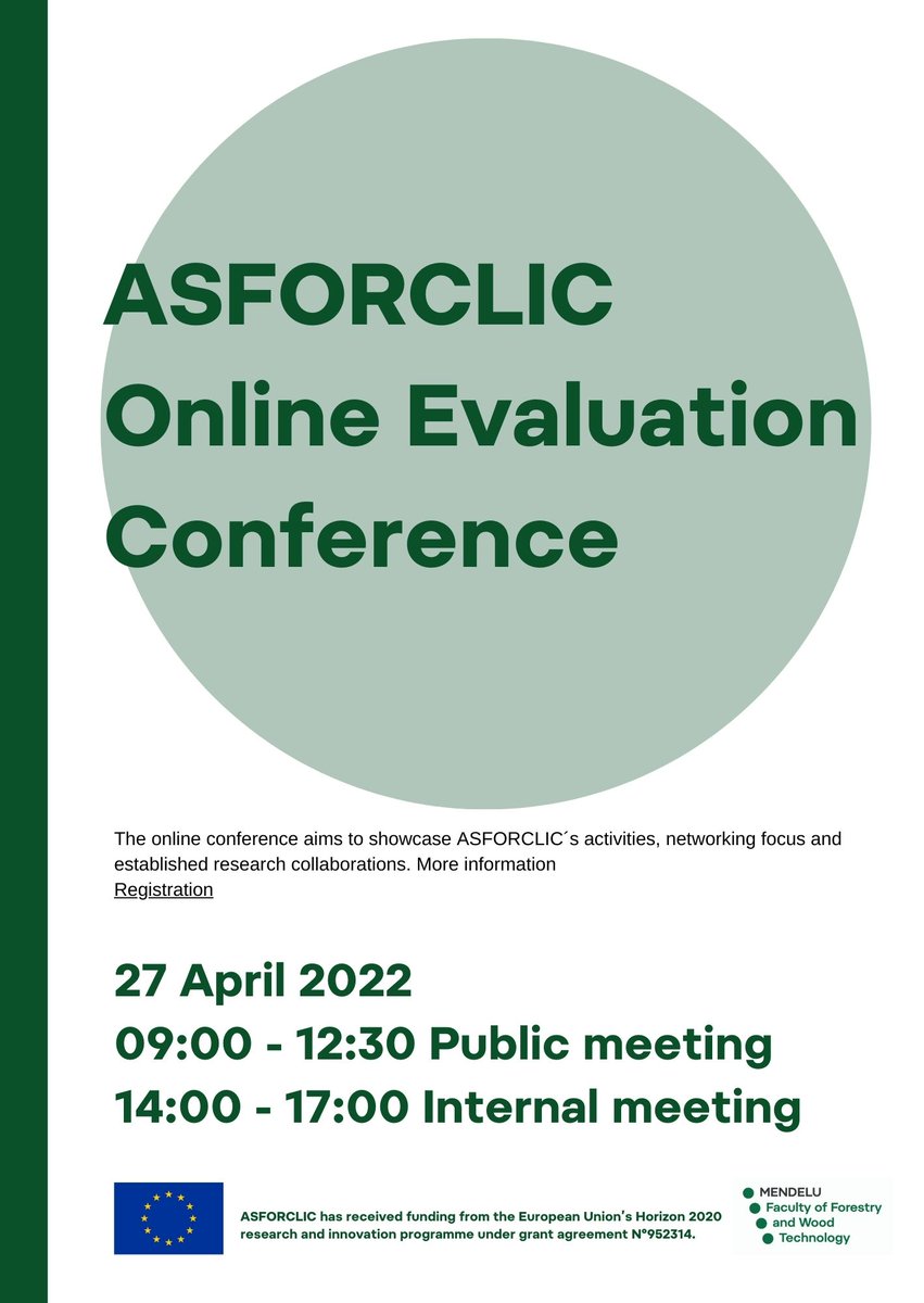 ASFORCLIC_H2020's tweet photo. It is still possible to register for the #ASFORCLIC Evaluation conference. Join us tomorrow & learn about @ldf_mendelu activities & their cooperation with @BOKUvienna, @Thuenen_aktuell, @AITtomorrow2day, @TU_Muenchen, @UL_BioTech & #LWF.
https://t.co/vN0XBdNRkR https://t.co/bpCYxusYnL