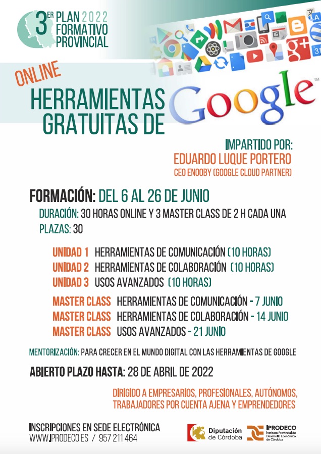 💥Últimos días 👉 autónomos

📢Hasta el 28 de abril bit.ly/3qWLD2D

Curso online HERRAMIENTAS GRATUITAS DE GOOGLE 💯% financiada por @iprodeco y <a href="/dipucordoba/">Diputación de Córdoba</a>

✅30 h online del 6 al 26 de junio
✅3 master class online de 10h a 12h
✅Con tutorías
✅Impartida por <a href="/enooby/">Enooby</a>