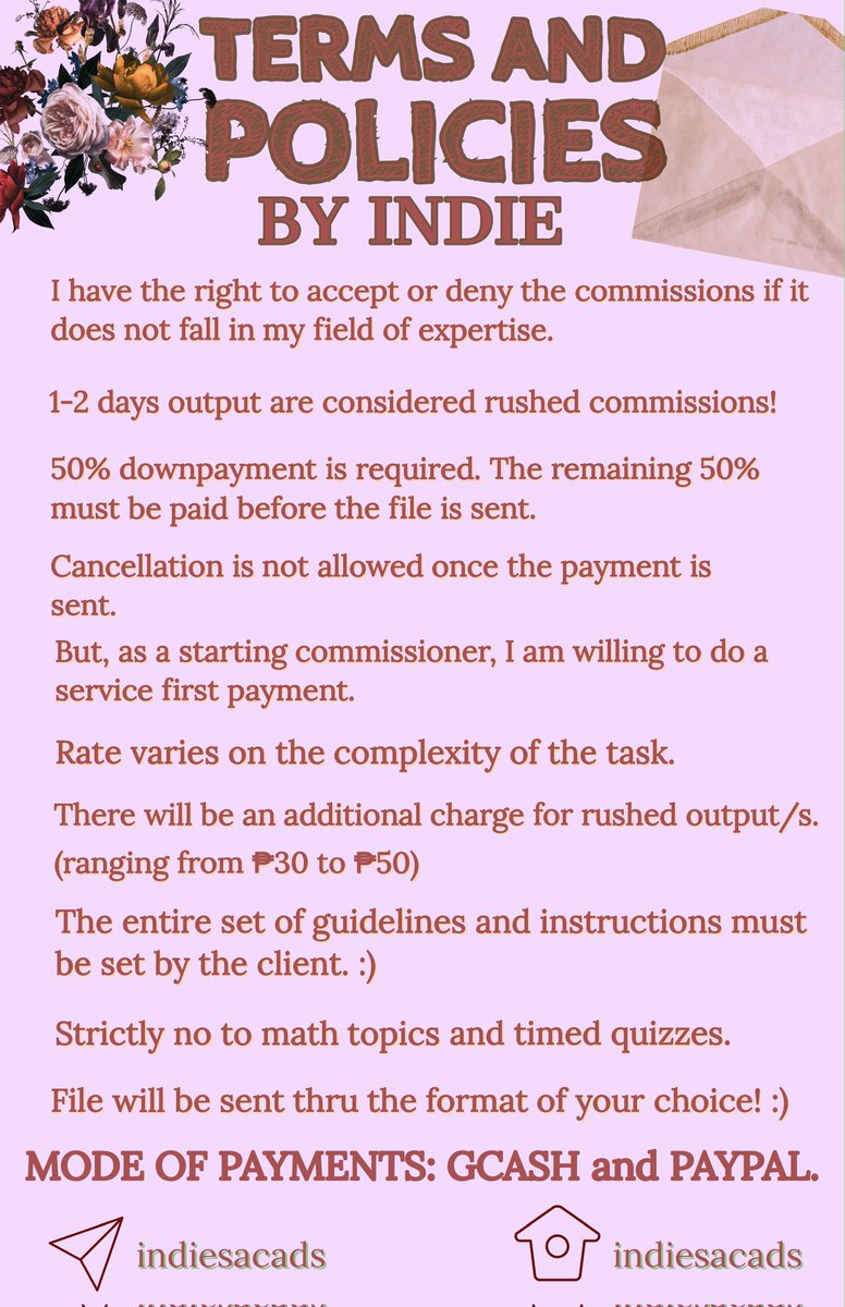 🍂 hey guys, it's indie, your academic server!

are you struggling with academic workloads and stressing over juggling multiple tasks all at once? well then, don't fret, because i'm willing to help at student friendly budget prices!

now accepting non-rush comms! 🫶

#commstwt