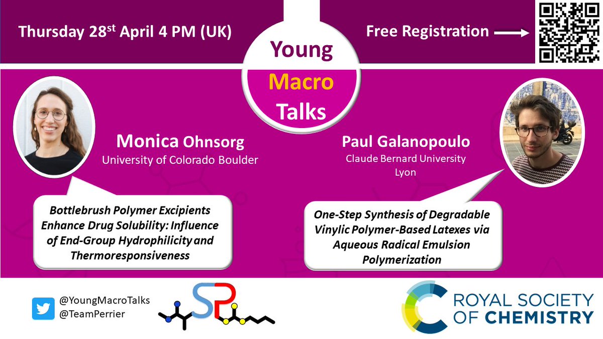 This week were excited to announce our next 2 speakers, @Monica_Ohnsorg and Paul Galanopoulo who will present their work on thermoresponsive bottlebrush polymers and vinylic polymer-based latexes. Join us Thursday @ 4PM(UK) and register below for free! tinyurl.com/yubsdzj9