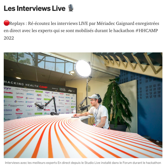 Les Interviews Live du Hacking Health Camp 🎙
🔴 Replays : Ré-écoutez les interviews LIVE par Mériadec Gaignard enregistrées en direct avec les experts qui se sont mobilisés durant le hackathon 2022
#HHCAMP

👉 medium.com/health-factory…