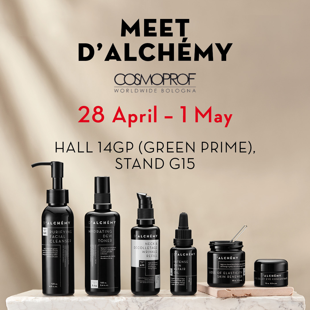 After a long break in direct relations, we are pleased to invite you to meet D'Alchémy Team at <a href="/cosmoprofworld/">Cosmoprof Bologna</a> Cosmoprof Bologna 2022.
Booth location: Hall 14GP (Green Prime), stand G15.
We very much hope to see you soon!
#cosmoprof2022 #dalchemyskincare #cleanbeauty